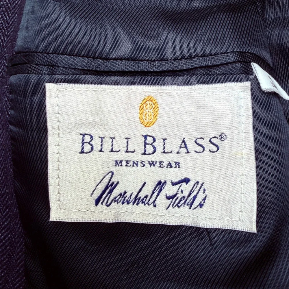 Vtg Bill Blass Blazer Mens 40L Navy Blue Herringbone Wool Two Button Sport Coat